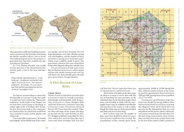 A two-page spread in "The Story of Lime and the Lime Kilns of Lancaster County" by Schiffer Publishing, Ltd. features two historic Lancaster County maps, text about construction lime kilns, and a color-coded topographic map with grid labels.