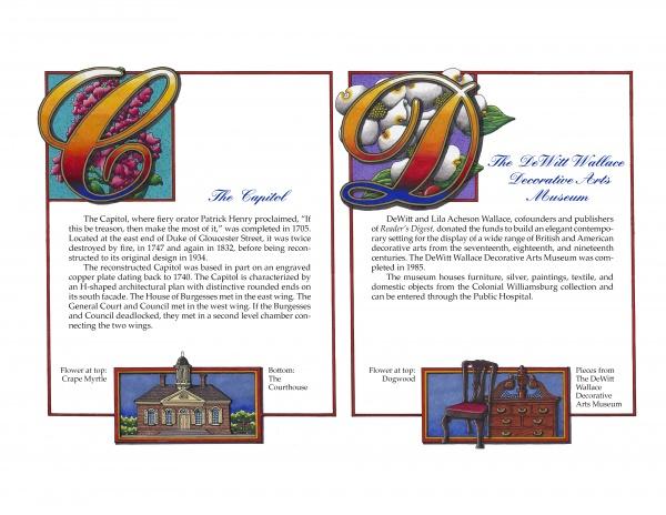 Two ornate letters, “C” and “D”, begin two panels: the left features The Capitol with grape myrtle and art; the right showcases the Decorative Arts Museum—highlights from "Williamsburg A-Z" by Schiffer Publishing, Ltd.