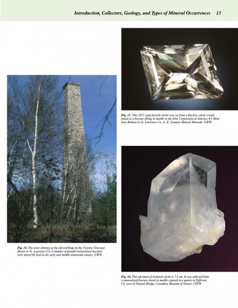 Images on a page from "The Collector's Guide to the Minerals of New York State" by Schiffer Publishing, Ltd. show a tall chimney in a clearing, a faceted feldspar gemstone, and a prismatic quartz crystal—classic mineral specimens.