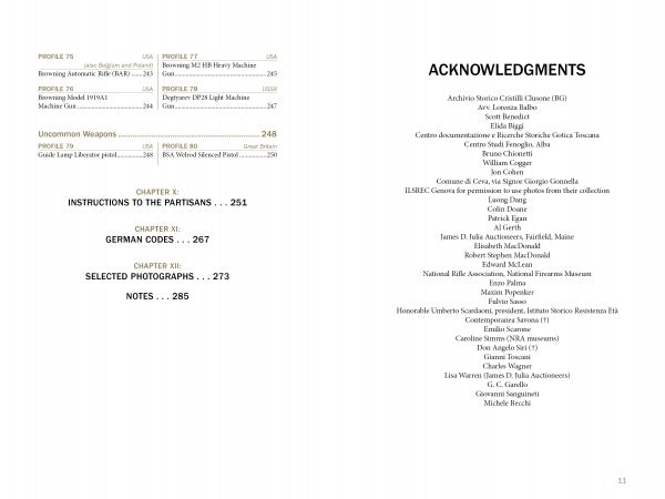 Table of contents and acknowledgments from "Italian Partisan Weapons in WWII" by Schiffer Publishing, Ltd. List chapters, page numbers, and thank contributors to knowledge on WWII small arms and Italian resistance weaponry.