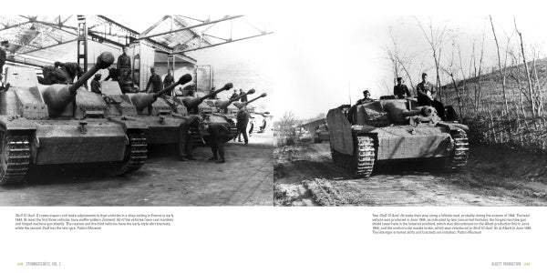 Two black-and-white photos from Schiffer Publishing, Ltd.'s "Sturmgeschütz" show WWII German tank scenes: vehicles lined up indoors with soldiers, and a tank on a dirt road with troops riding atop—a true Legend of Warfare.