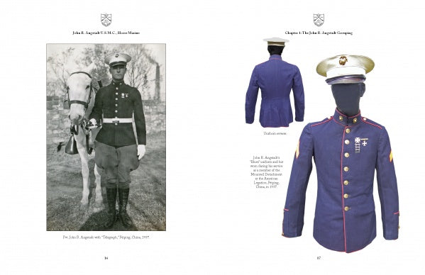On the left, “China Horse Marine” by Schiffer Publishing, Ltd. shows a black-and-white photo of a Horse Marine in uniform with a horse; on the right, a blue Marine dress jacket with matching hat on a mannequin recalls Peiping's China Marines.