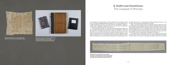 A two-page book spread from Frances L. Goodrich’s Coverlet and Counterpane Drafts by Schiffer Publishing, Ltd. displays fabric swatches, three notebooks on the left, and an extended weaving draft on the right. The headline reads: “II. Drafts and Drawdowns: The Language of Weaving.” Dive into the fascinating details of Appalachian weaving drafts featured in this volume, and see how overshot patterns have influenced handwoven counterpanes throughout textile history.