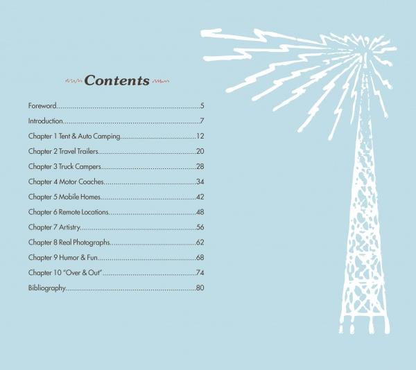 Table of contents page for "Amateur Radio Goes Camping & RVing" by Schiffer Publishing, Ltd., featuring a light blue background, a white illustrated ham radio tower on the right, and chapter titles with page numbers under "Contents" on the left.