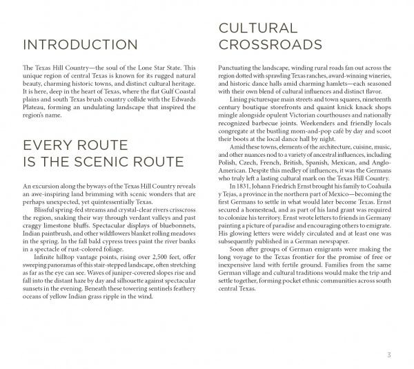 A book page from "Texas Hill Country" by Schiffer Publishing, Ltd. presents two sections—Introduction and Cultural Crossroads—with scenic photos and rich text showcasing the landscapes, history, and cultural heritage of the region.