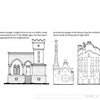Black-and-white sketches of a Gothic castle and two whimsical buildings inspired by Gaudí. Text above imagines Aaron as a future architect, dreaming in the style of The Future Architect’s Handbook by Schiffer Publishing, Ltd.