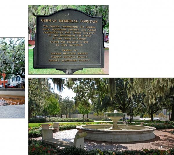 The collage from Savannah Perspectives by Schiffer Publishing, Ltd. features the German Memorial Fountain plaque, sparkling water, and a sweeping view of this historic Savannah park with grass, benches, and moss-draped trees.