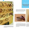 A wooden display holds handcrafted bangles made by turning segmented wood on a lathe. To the right, Schiffer Publishing, Ltd.'s "Turning Segmented Wooden Bangles on the Wood Lathe" shows finished pieces and wood segments ready for assembly.