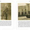 Two open book pages from Images from Over There by Schiffer Publishing, Ltd. show sepia photos: three miners, a man with a bicycle, and WWI American Expeditionary Force soldiers by columns. Each photo has descriptive text.