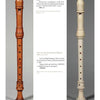 Two rare baroque recorders, one light brown and one white, stand upright side by side in "Four Centuries of Musical Instruments" by Schiffer Publishing, Ltd. Both feature finger holes, decorative rings, and detailed maker information above and below.