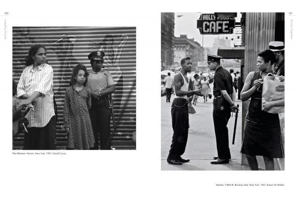 Two black-and-white photos from "Timeless" by Schiffer Publishing, Ltd.: left, a woman, girl, and police officer by a mural; right, officers engage with people near a CAFE sign—powerful scenes by Kamoinge Workshop Black photographers.