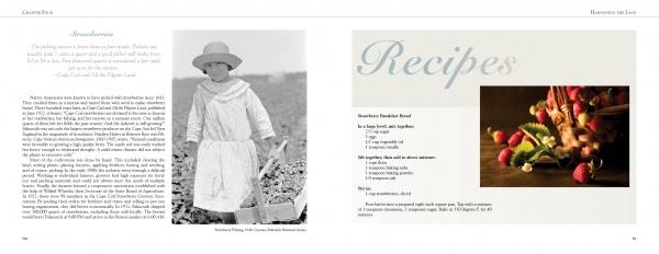 A two-page spread from "Cape Cod and the Islands" by Schiffer Publishing, Ltd.: left page displays a B&W photo of a bonneted woman with a basket and strawberry text; right page shows Recipes and a berry dessert in Nantucket-inspired art.