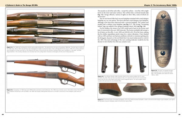 A two-page spread in *A Collector's Guide to the Savage 99 Rifle and its Predecessors, the Model 1895 and 1899* by Schiffer Publishing, Ltd. displays close-up photos of vintage rifles with captions highlighting unique features and differences.