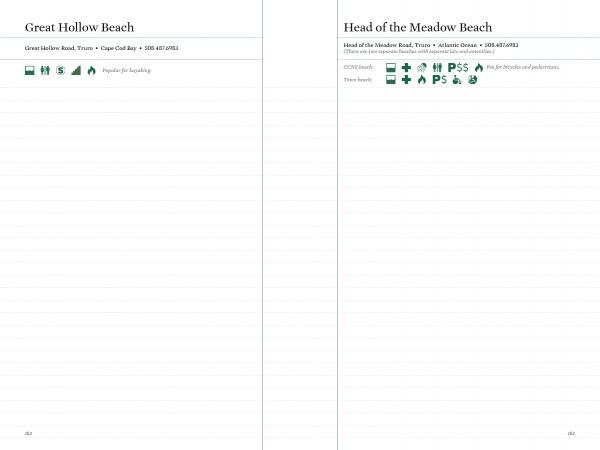 Two pages from the Cape Cod Notebook by Schiffer Publishing, Ltd. feature Great Hollow Beach and Head of the Meadow Beach, with icons for restrooms, parking, and swimming. Faintly lined blank spaces invite notes on your favorite Cape Cod beaches.