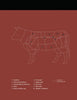 Diagram of a cow on a brown background with labeled beef cuts, from "Pure Steak" by Schiffer Publishing, Ltd.—ideal for steak enthusiasts or anyone making their own steak cookbook.
