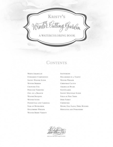 A grayscale cover of Kristy's Winter Cutting Garden by Schiffer Publishing, Ltd. features a decorative title above a centered table of contents listing 22 winter flower illustrations to paint.