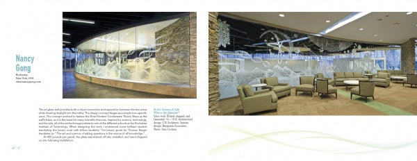 Two images from "Art Glass Today 2" by Schiffer Publishing, Ltd. show a large contemporary glass installation with white etched nature designs, curving along a modern lobby wall with comfy seating and natural stone accents. Artist info appears on the left.