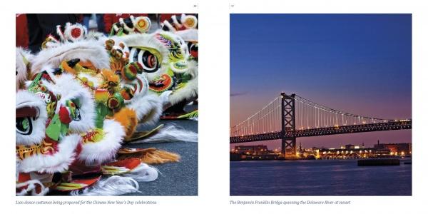 Celebrate Chinese New Year with vibrant lion dance costumes and view the Benjamin Franklin Bridge at sunset—two stunning scenes featured in "Philadelphia" by Schiffer Publishing, Ltd.