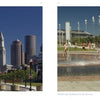 Left: City skyline with tall buildings and a clock tower beneath a blue sky. Right: Kids play in water fountains—a vibrant Boston scene. "Boston" by Schiffer Publishing, Ltd. is the perfect photo book or souvenir of the city's top sights.
