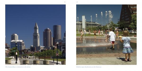 Left: City skyline with tall buildings and a clock tower beneath a blue sky. Right: Kids play in water fountains—a vibrant Boston scene. "Boston" by Schiffer Publishing, Ltd. is the perfect photo book or souvenir of the city's top sights.