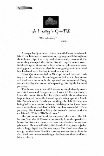 Page 92 from "Ghost Quest in New Hampshire" by Schiffer Publishing, Ltd. describes a couple experiencing hauntings—odd noises, ghostly figures, and a woman’s spirit—after moving into a new home near haunted cemeteries.