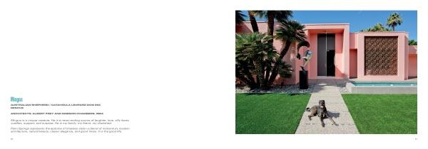 The book "Palm Springs Modern Dogs at Home" by Schiffer Publishing, Ltd. features a stylish pink house with palm trees and a relaxed dog, perfect for fans of classic midcentury modern Palm Springs homes and dog photography.