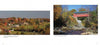 Vermont" by Schiffer Publishing, Ltd. features a rural village with scattered houses and barns amidst autumn trees, and a red covered bridge crossing a rocky stream surrounded by vibrant fall foliage in the scenic Green Mountain State.