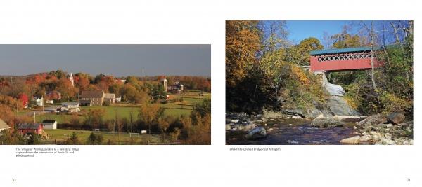 Vermont" by Schiffer Publishing, Ltd. features a rural village with scattered houses and barns amidst autumn trees, and a red covered bridge crossing a rocky stream surrounded by vibrant fall foliage in the scenic Green Mountain State.