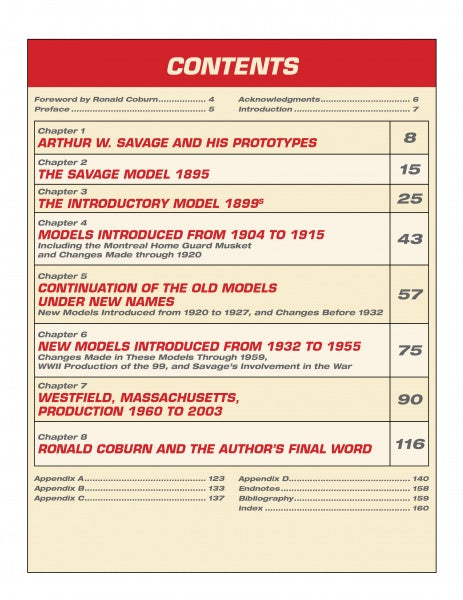Table of contents page with a red "CONTENTS" header for Schiffer Publishing's "A Collector's Guide to the Savage 99 Rifle and its Predecessors, the Model 1895 and 1899," arranged in two columns detailing chapters on Savage centerfire rifles.