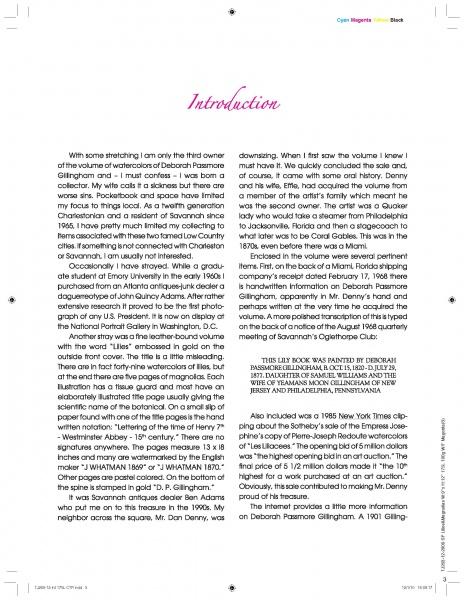 The Lilies & Magnolias magazine page by Schiffer Publishing, Ltd. titled Introduction features a decorative header, colored dots and lines along the top and right edges, and subtle antique botanical art, blending black, pink, and yellow in a charming modern layout.