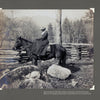 Inspired by "Frances L. Goodrich's Brown Book of Weaving Drafts" from Schiffer Publishing, Ltd., a woman in a hat and long skirt rides side-saddle on a dark horse before a rustic fence, rocks, trees, and distant mountains.