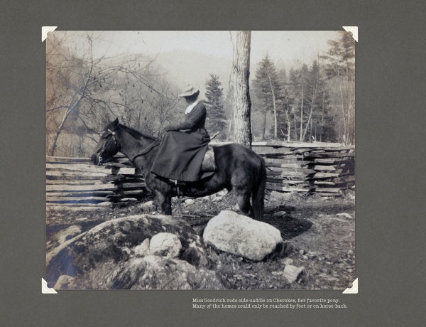 Inspired by "Frances L. Goodrich's Brown Book of Weaving Drafts" from Schiffer Publishing, Ltd., a woman in a hat and long skirt rides side-saddle on a dark horse before a rustic fence, rocks, trees, and distant mountains.