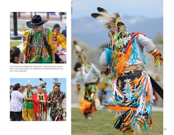 Santa Fe Reflections by Schiffer Publishing, Ltd. captures Native American dancers in vibrant regalia performing at outdoor Santa Fe festivals, with a mountain backdrop highlighting Indigenous culture and tradition.