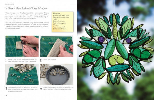 The Cut It! guide by Schiffer Publishing, Ltd. teaches kids to craft a Green Man stained-glass window from paper shapes, featuring a leafy green face and purple nose, perfect for hanging by a window.
