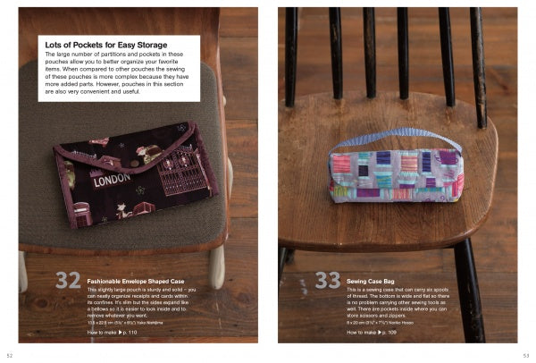 Two wooden chair display cases: the left shows a purple “London” travel-print pouch; the right displays a multicolored zippered case—both from "50 Pouches" by Schiffer Publishing, Ltd. Text and descriptions are visible above and below.