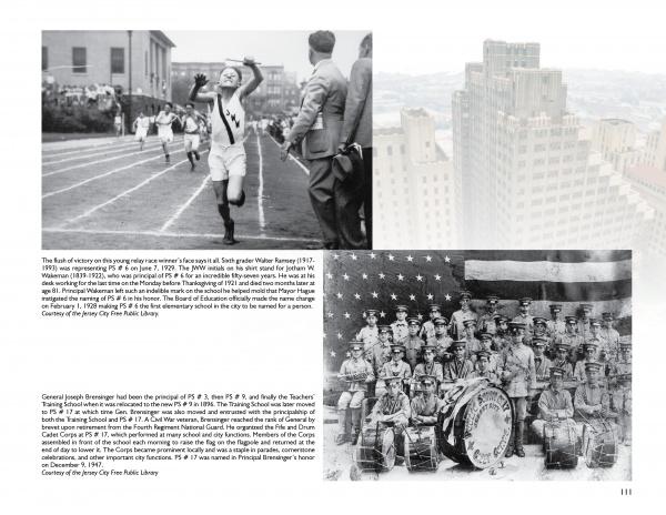 A vintage photo collage from Changing Jersey City by Schiffer Publishing, Ltd. shows a triumphant runner (top left), a marching band before an American flag (bottom right), and a historic Newark Avenue cityscape in the background.