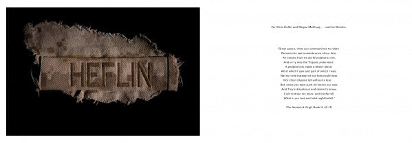 On the left, a torn weathered patch reading HEFLIN; on the right, poetic text over white—reminiscent of Iraq War photojournalism and USMC service. All of Which I Saw by Schiffer Publishing, Ltd.
