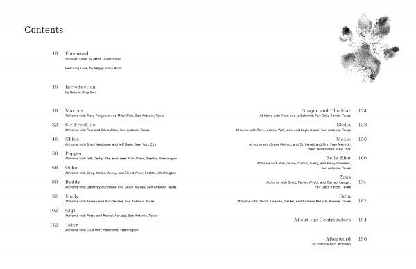 The table of contents in "At Home with Dogs" by Schiffer Publishing, Ltd. features a black paw print in the upper right. Chapters highlight rescue dogs by name, plus page numbers, section titles, author names, and each adopted dog's location.