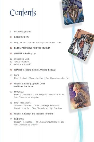 The table of contents for Tarot for the Fiction Writer by Schiffer Publishing, Ltd. features illustrated cards of fantasy women and mythological scenes, with sections like Preparing for the Journey and chapter titles listed alongside page numbers.