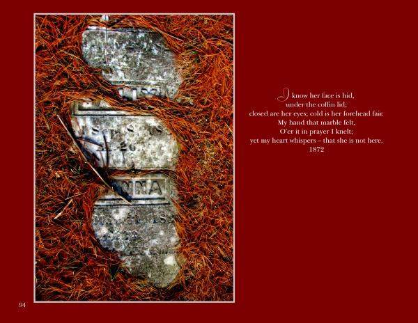 Three broken gravestones rest among pine needles, evoking classic cemeteries. On the right, a poem on loss appears in white text on dark red. "Final Thoughts" by Schiffer Publishing, Ltd. captures a somber, reflective mood reminiscent of cemetery art.