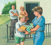 A boy holds a box with a small river otter wrapped in green-checked cloth, as a woman in blue scrubs from a wildlife center assists. Two adults smile in the background. Scene from "Saving Squeak" by Schiffer Publishing, Ltd.