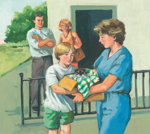 A boy holds a box with a small river otter wrapped in green-checked cloth, as a woman in blue scrubs from a wildlife center assists. Two adults smile in the background. Scene from "Saving Squeak" by Schiffer Publishing, Ltd.