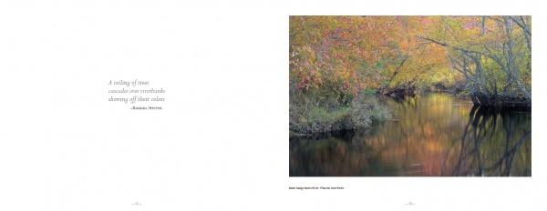 Pinelands by Schiffer Publishing, Ltd. features a peaceful autumn in the Pinelands National Reserve, with a calm river mirroring vibrant trees. Left side displays Thaddeus Golas’s quote: “A reality of time contains a most remarkable shunning of time values.”.