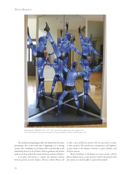 Five mannequins in blue bodysuits pose on a black platform before a mirror, reflecting the artistry and innovation celebrated in Studio Glass in America from Schiffer Publishing, Ltd.
