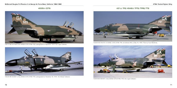 Four McDonnell-Douglas F-4 Phantom II jets are lined up on the George Air Force Base tarmac in California, each with visible tail numbers and squadron markings. Published by Schiffer Publishing, Ltd.