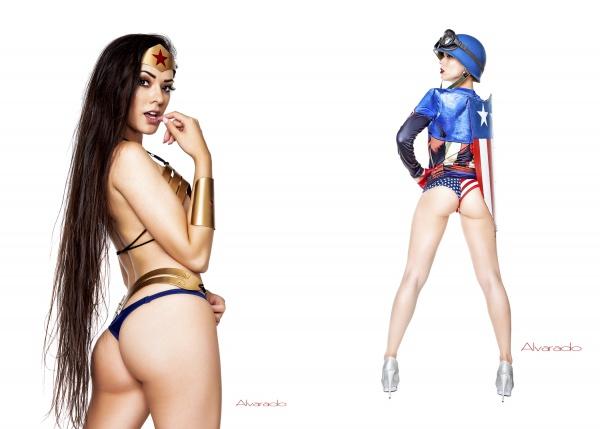 In Alvarado's Cosplay Pin-ups from Schiffer Publishing, Ltd., two women channel pop culture icons in Wonder Woman and Captain America-inspired costumes—ideal inspiration for cosplay photography fans.