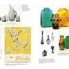 A catalog spread from Schiffer Publishing, Ltd.'s "Mid-Century Modern Glass in America" showcases vibrant Blenko glassware—pitchers, vases, goblets, decanters in yellow, green, and blue—plus a vintage yellow American glass ad.