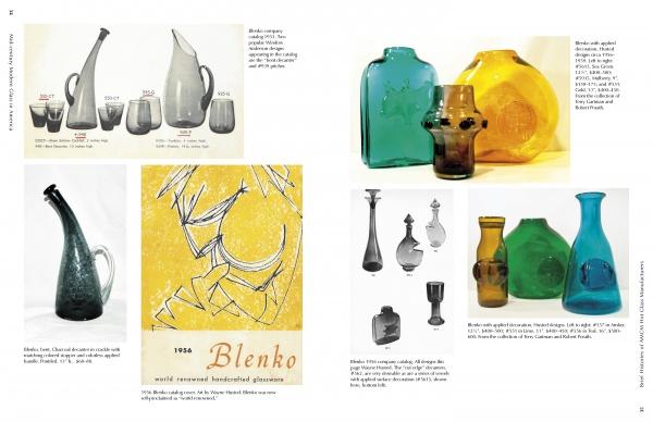 A catalog spread from Schiffer Publishing, Ltd.'s "Mid-Century Modern Glass in America" showcases vibrant Blenko glassware—pitchers, vases, goblets, decanters in yellow, green, and blue—plus a vintage yellow American glass ad.