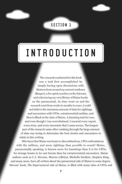 A page from "UFOs Over Maine" by Schiffer Publishing, Ltd. titled "Section 1: INTRODUCTION" features text on Maine’s UFO sightings, alien abductions, and the paranormal, displayed beneath a spotlight graphic.