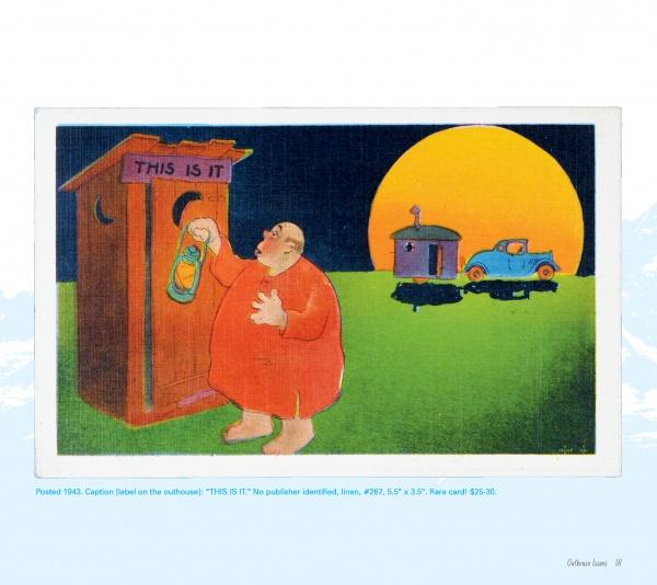 Featuring art from Schiffer Publishing, Ltd.'s "Camper & RV Humor," this cartoon shows a bald man in a red nightshirt with a lantern by an outhouse labeled “THIS IS IT,” an old car, small house, and big yellow moon—capturing quirky camping spirit.